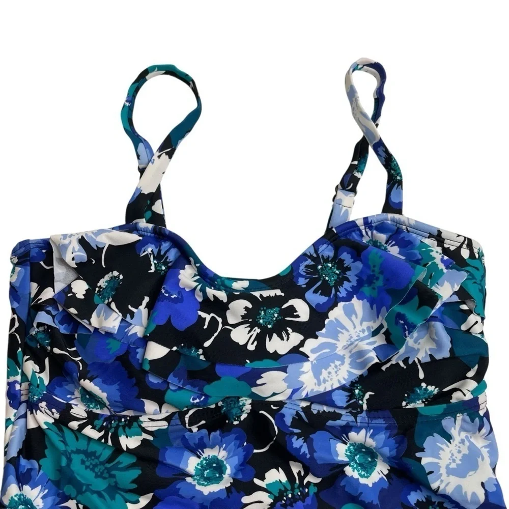 Island Escape Tahiti Ruffled Underwire Tankini Top Blue Floral Size 6 New